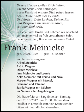 Traueranzeige von Frank Meinicke von Mitteldeutsche Zeitung Sangerhausen