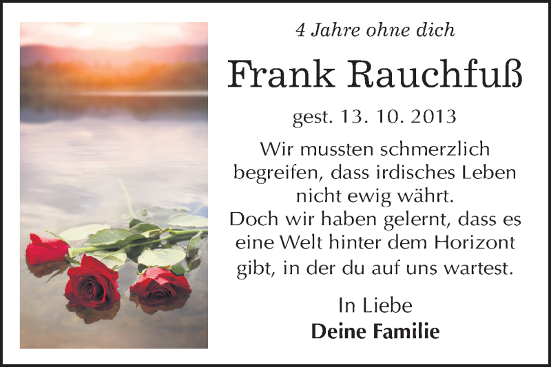  Traueranzeige für Frank Rauchfuß vom 14.10.2017 aus Mitteldeutsche Zeitung Merseburg/Querfurt
