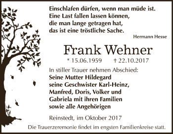 Traueranzeige von Frank Wehner von Super Sonntag Aschersleben