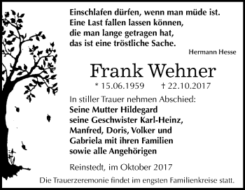 Traueranzeige von Frank Wehner von Mitteldeutsche Zeitung Quedlinburg