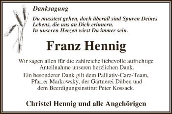 Traueranzeige von Franz Hennig von WVG - Wochenspiegel Dessau / Köthen