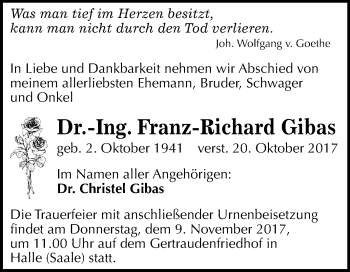 Traueranzeige von Franz-Richard Gibas von Mitteldeutsche Zeitung Halle/Saalkreis
