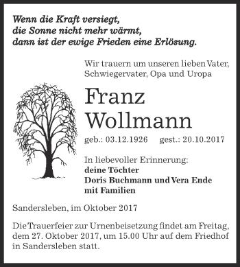 Traueranzeige von Franz Wollmann von Wochenspiegel Mansfelder Land