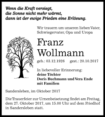 Traueranzeige von Franz Wollmann von Mitteldeutsche Zeitung