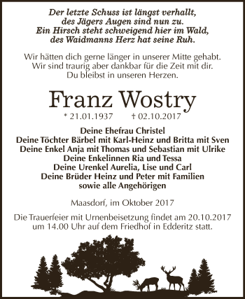 Traueranzeige von Franz Wostry von WVG - Wochenspiegel Dessau / Köthen