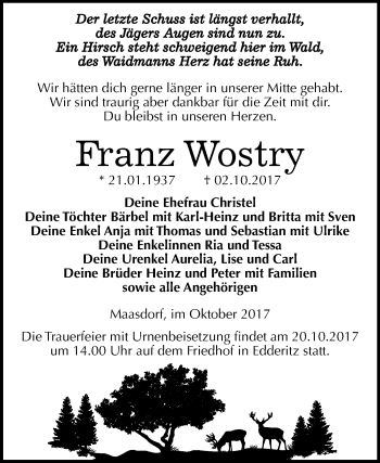 Traueranzeige von Franz Wostry von Mitteldeutsche Zeitung