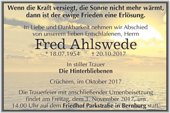 Traueranzeige von Fred Ahlswede von Mitteldeutsche Zeitung Bernburg