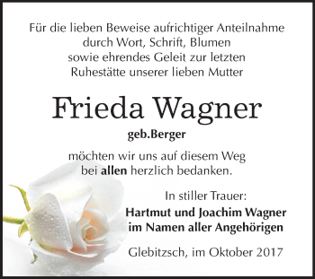Traueranzeige von Frieda Wagner von Mitteldeutsche Zeitung Bitterfeld