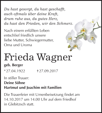 Traueranzeige von Frieda Wagner von Mitteldeutsche Zeitung Bitterfeld