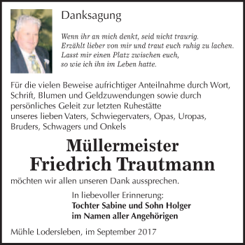 Traueranzeige von Friedrich Trautmann von WVG - Wochenspiegel Merseburg