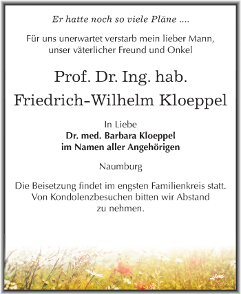 Traueranzeige von Friedrich-Wilhelm Kloeppel von Mitteldeutsche Zeitung