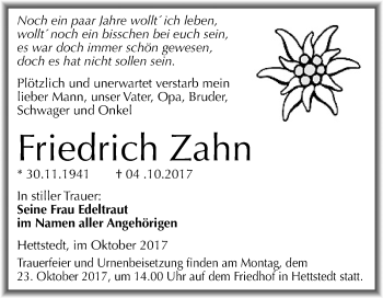 Traueranzeige von Friedrich Zahn von Mitteldeutsche Zeitung
