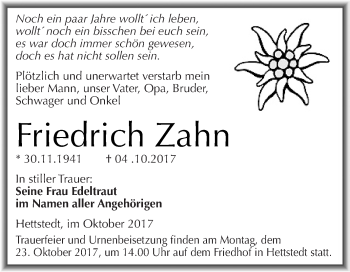 Traueranzeige von Friedrich Zahn von Wochenspiegel Mansfelder Land