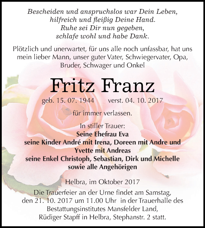  Traueranzeige für Fritz Franz vom 18.10.2017 aus Wochenspiegel Mansfelder Land