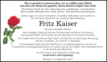 Traueranzeige von Fritz Kaiser von WVG - Wochenspiegel Dessau / Köthen