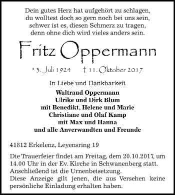 Traueranzeige von Fritz Oppermann von Mitteldeutsche Zeitung