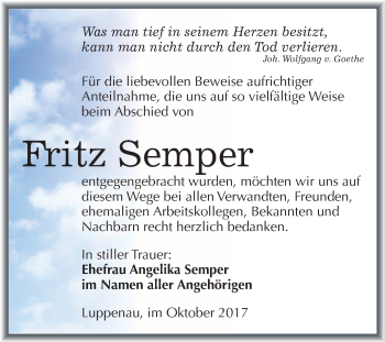 Traueranzeige von Fritz Semper von WVG - Wochenspiegel Merseburg