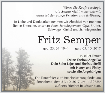 Traueranzeige von Fritz Semper von Mitteldeutsche Zeitung Merseburg/Querfurt