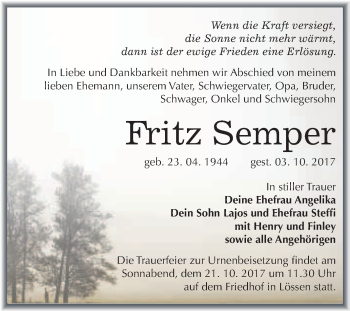 Traueranzeige von Fritz Semper von WVG - Wochenspiegel Merseburg