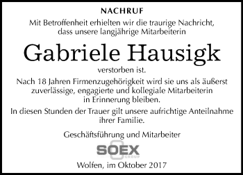 Traueranzeige von Gabriele Hausigk von Mitteldeutsche Zeitung Bitterfeld