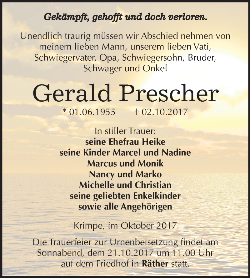  Traueranzeige für Gerald Prescher vom 07.10.2017 aus Mitteldeutsche Zeitung Halle/Saalkreis