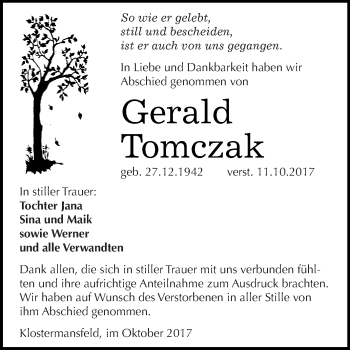 Traueranzeige von Gerald Tomczak von Wochenspiegel Mansfelder Land