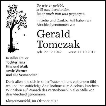 Traueranzeige von Gerald Tomczak von Mitteldeutsche Zeitung