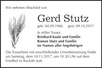 Traueranzeige von Gerd Stutz von WVG - Wochenspiegel Wittenberg