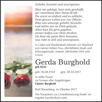 Traueranzeige von Gerda Burghold von Super Sonntag Merseburg
