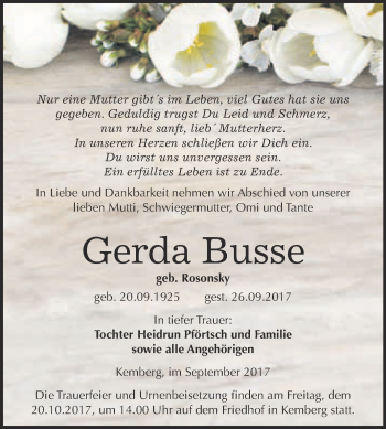 Traueranzeige von Gerda Busse von WVG - Wochenspiegel Wittenberg