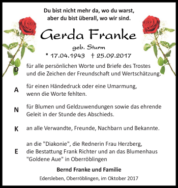 Traueranzeige von Gerda Franke von Super Sonntag SGH Mansf. Land
