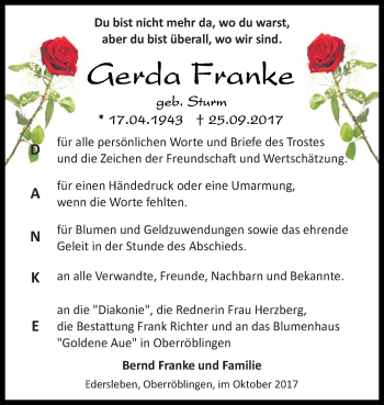 Traueranzeige von Gerda Franke von Mitteldeutsche Zeitung