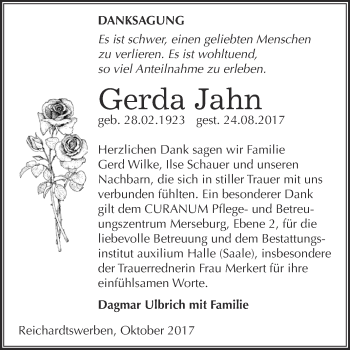 Traueranzeige von Gerda Jahn von WVG - Wochenspiegel NMB / WSF / ZTZ
