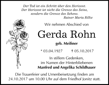 Traueranzeige von Gerda Rohn von Mitteldeutsche Zeitung