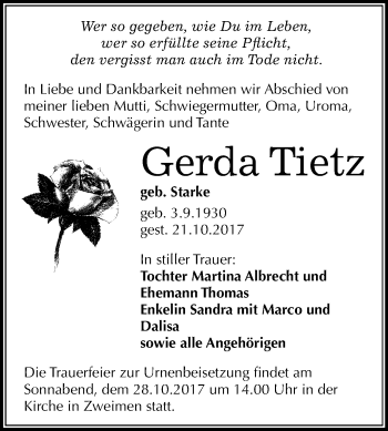 Traueranzeige von Gerda Tietz von Mitteldeutsche Zeitung Merseburg/Querfurt