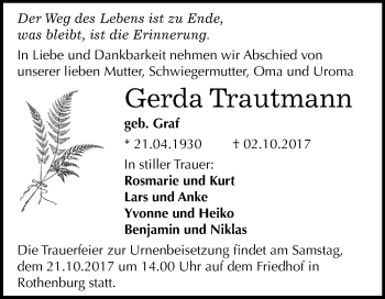 Traueranzeige von Gerda Trautmann von Mitteldeutsche Zeitung