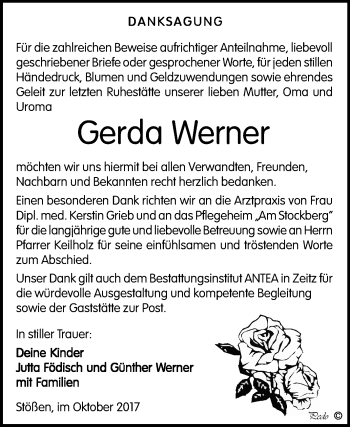 Traueranzeige von Gerda Werner von Mitteldeutsche Zeitung Weißenfels