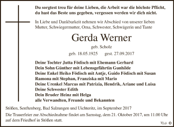 Traueranzeige von Gerda Werner von WVG - Wochenspiegel NMB / WSF / ZTZ