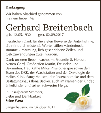 Traueranzeige von Gerhard Breitenbach von Super Sonntag SGH Mansf. Land