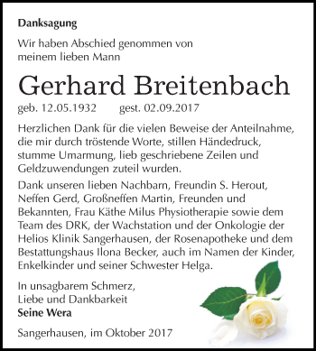 Traueranzeige von Gerhard Breitenbach von Mitteldeutsche Zeitung Sangerhausen