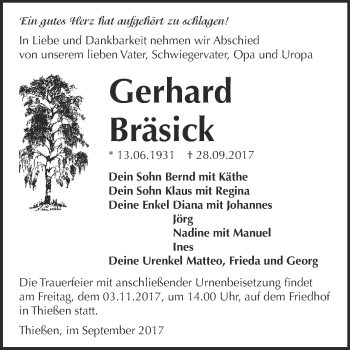 Traueranzeige von Gerhard Bräsick von WVG - Wochenspiegel Wittenberg