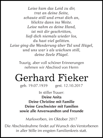 Traueranzeige von Gerhard Fieker von WVG - Wochenspiegel NMB / WSF / ZTZ