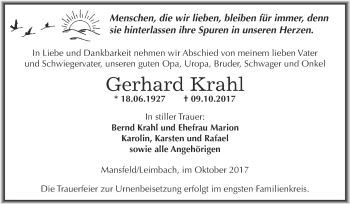 Traueranzeige von Gerhard Krahl von Super Sonntag SGH Mansf. Land