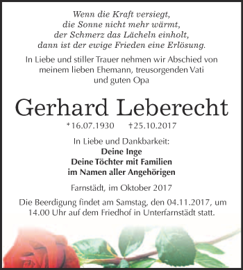 Traueranzeige von Gerhard Leberecht von WVG - Wochenspiegel Merseburg