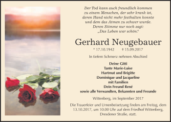 Traueranzeige von Gerhard Neugebauer von WVG - Wochenspiegel Wittenberg