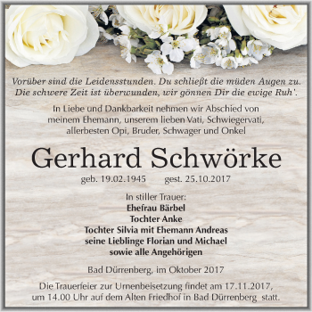 Traueranzeige von Gerhard Schwörke von Mitteldeutsche Zeitung Merseburg/Querfurt