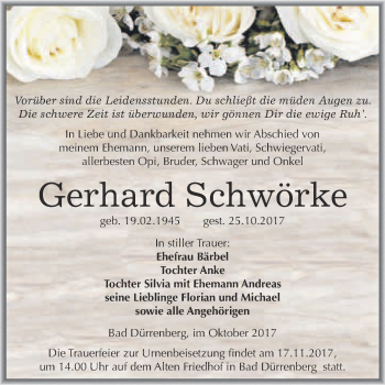 Traueranzeige von Gerhard Schwörke von Super Sonntag Merseburg