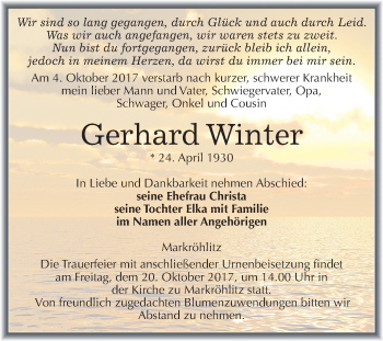 Traueranzeige von Gerhard Winter von Mitteldeutsche Zeitung Weißenfels
