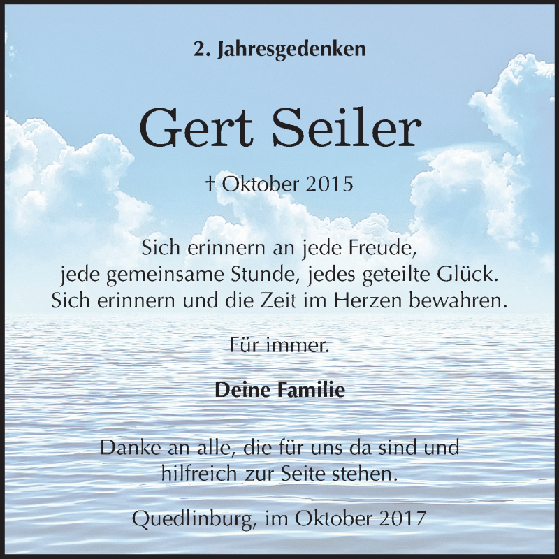  Traueranzeige für Gert Seiler vom 28.10.2017 aus Mitteldeutsche Zeitung Quedlinburg