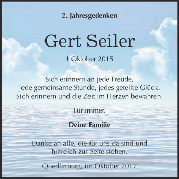 Traueranzeige von Gert Seiler von Super Sonntag Quedlinburg